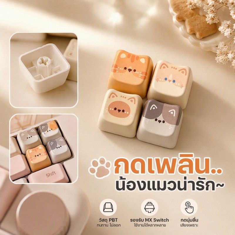 คีย์แคป แมวน่ารัก เซต 4 ชิ้น PBT สำหรับคีย์บอร์ดกลไก MX แต่งคีย์บอร์ด เสียงกด ASMR
