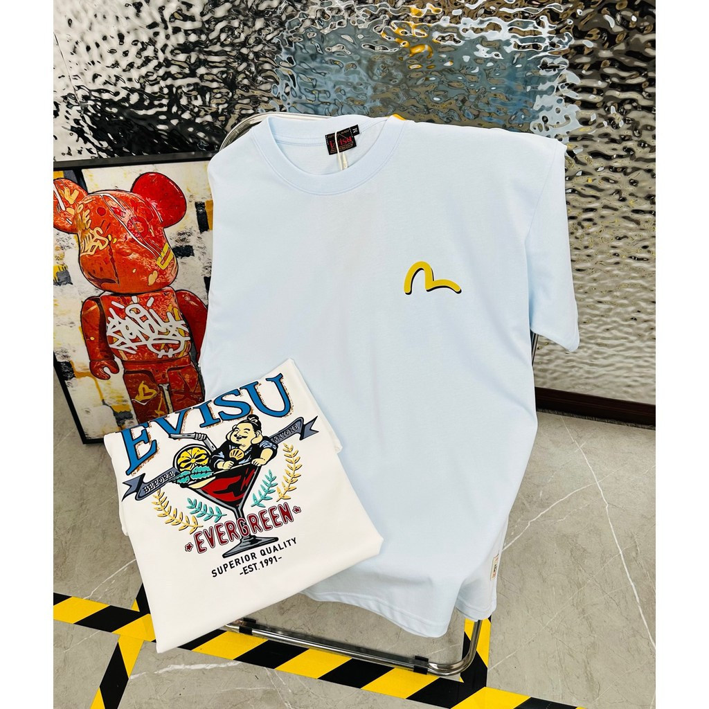 EVISU/God of Fortune/2026 คลาสสิกรอบคอแขนสั้นเสื้อยืดผู้ชายผู้หญิงสไตล์ใหม่พิมพ์ตัวอักษร Simple Ragl