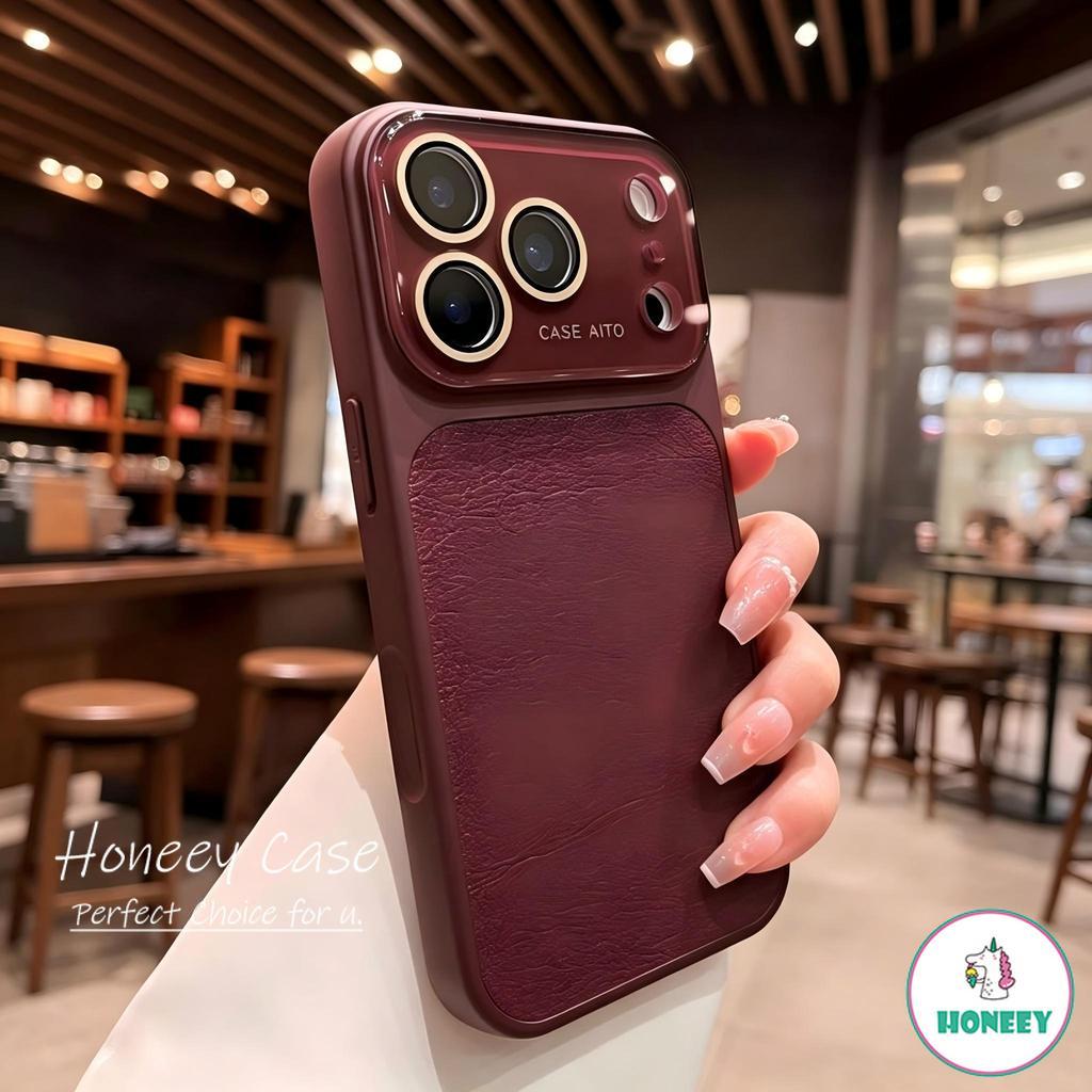 พรีเมี่ยมไวน์แดงหนัง Splice เคสโทรศัพท์สําหรับ IPhone 17 Pro Max 16 15 14 13 12 11 แก้ว Carmera Protector เกราะกันกระแทกกันชนชุบ Matte Cover
