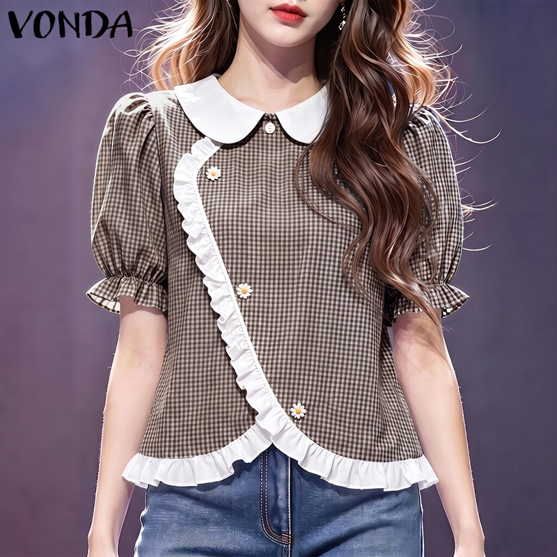VONDA ผู้หญิง Vintage Girlish Fresh Academy ลายสก๊อต Peter Pan Collar ไม่สม่ําเสมอ Asym Placket ลูกไม้ Trim พัฟแขน Cropped เสื้อ — صورة 5
