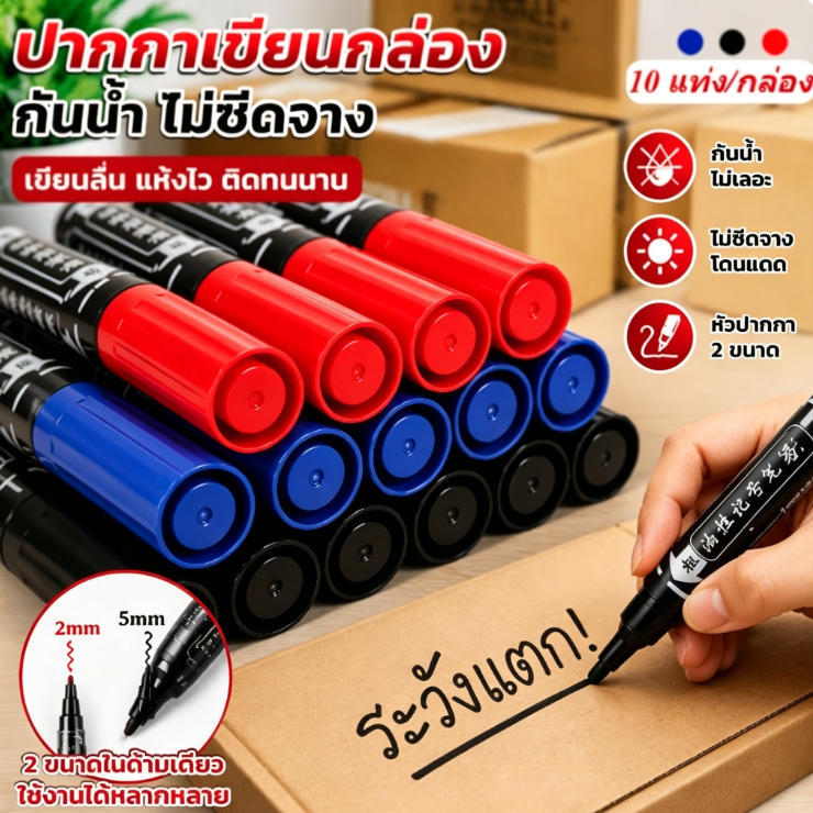 ปากกามาร์คเกอร์ 2 หัว น้ำมัน กันน้ำ แห้งเร็ว หมึกขนาดใหญ่ มี 3 สี 10 แท่ง/กล่อง