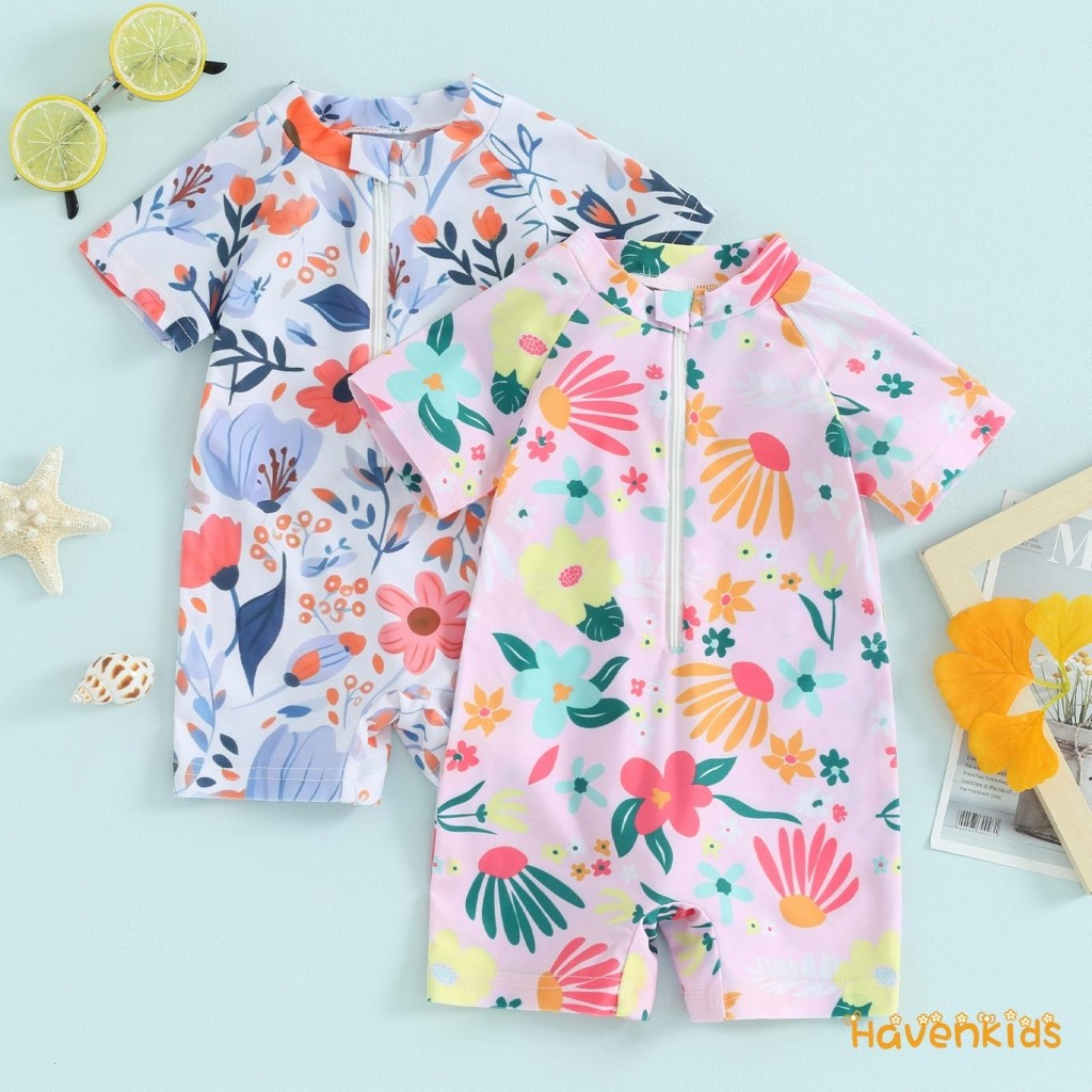 HaK-Toddler Girls Rash Guard ชุดแขนสั้นป้องกันแสงแดด พิมพ์ลายดอกไม้สำหรับเด็กหญิงวัยหัดเดิน อายุ 0-3 ปี