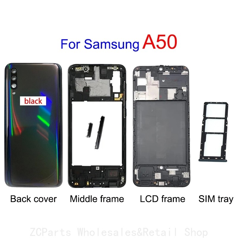 ฝาครอบด้านหลังสําหรับ Samsung A50 A505 กรณีด้านหลังแบตเตอรี่กรอบกลางด้านหน้ากรอบ LCD ถาดซิมการ์ด