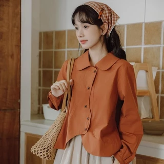 Red Berryเสื้อเชิ้ตผ้าฝ้ายแท้หลวมสไตล์ญี่ปุ่นฤดูใบไม้ร่วงและฤดูหนาวปี 2025 ทรงหลวมพร้อมกระดุมทรงไม่สม่ำเสมอ99201