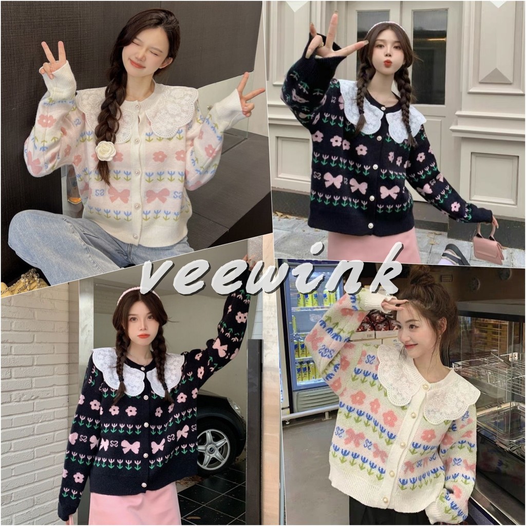 ​​Veewink เสื้อถักคาร์ดิแกน💖คอปกโบว์ ลูกไม้ สไตล์น่ารักสดใส ใส่แล้วหวาน ใส่สบาย
