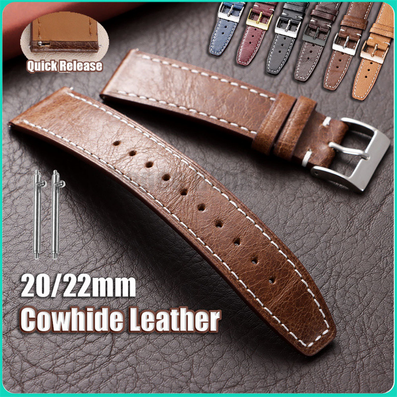 20 มม.22 เมตร Cowhide สายนาฬิกาหนังแท้ Vintage Quick Release Universal สร้อยข้อมือผู้หญิงผู้ชายสายนาฬิกา Wristbelt
