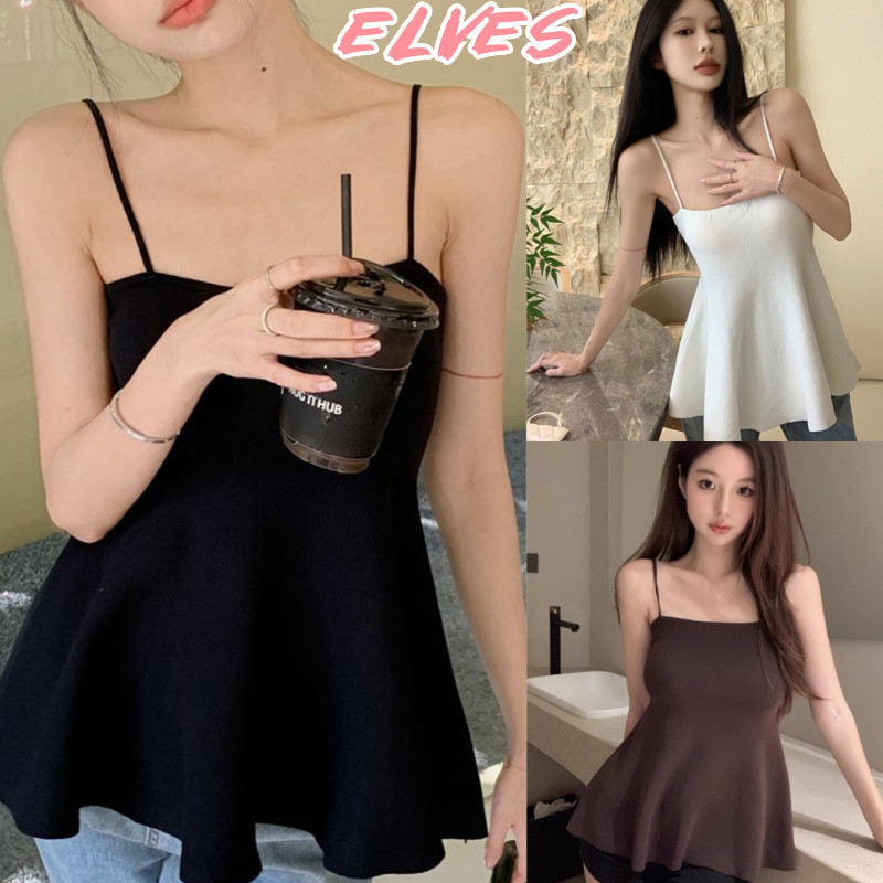 Elves✨พร้อมส่ง✨ เสื้อสายเดี่ยวไหมพรม ปลายปล่อย เรียบหรูดูแพง ~7686~ -C