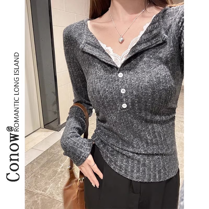 Cainuo ฤดูใบไม้ร่วงฤดูหนาวสไตล์ใหม่อารมณ์ลูกไม้ปลอมสองชิ้น V คอถักเสื้อขนาดเล็กผู้หญิง Pure Desire S