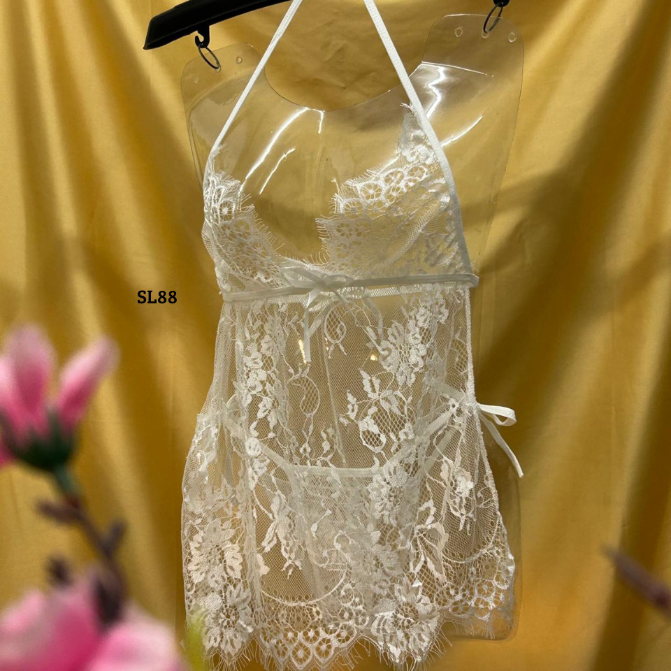 Premium Lingerie มินิเดรสชุดนอนลูกไม้สีขาวลายดอกไม้ SL88