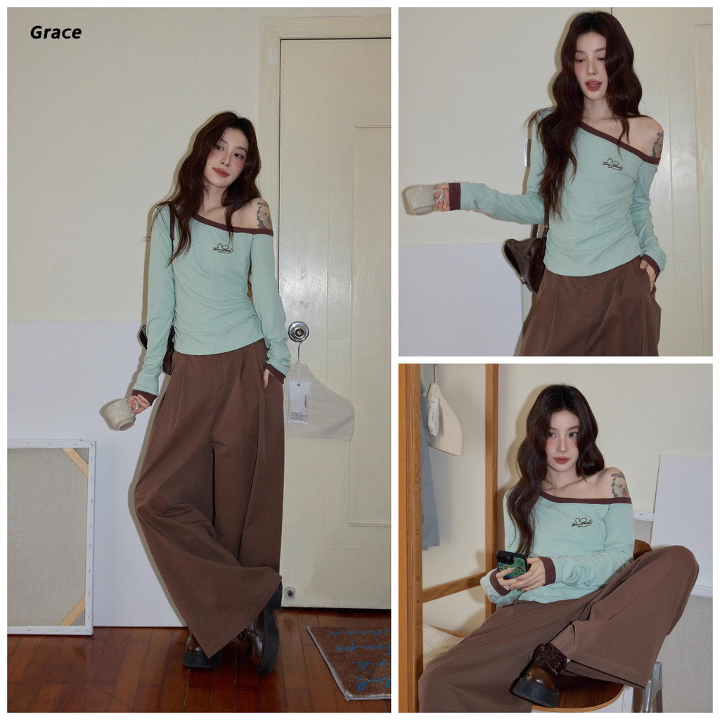 เสื้อยืดเปิดไหล่สีเขียวสไตล์เกาหลี แขนยาว เหมาะสำหรับฤดูใบไม้ร่วง (พร้อมสต็อก)
