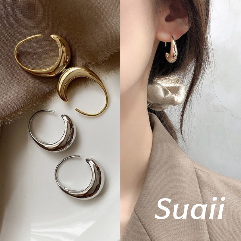 Suai ต่างหูสตั๊ดรูปตัว C แบบเรียบง่ายพร้อมมุกเทียมและ rhinestones สําหรับต่างหูสุภาพสตรีที่หรูหรา Ct