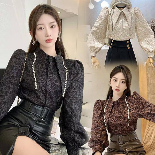 mimi&didi#เสื้อเชิ้ตสีขาวคุณภาพสูงสำหรับผู้หญิง เสื้อคอปกแหลมใหญ่ สลิมมิ่ง สังคม ลายสีเข้ม ฝัง Jacquard แขนยาว#99225