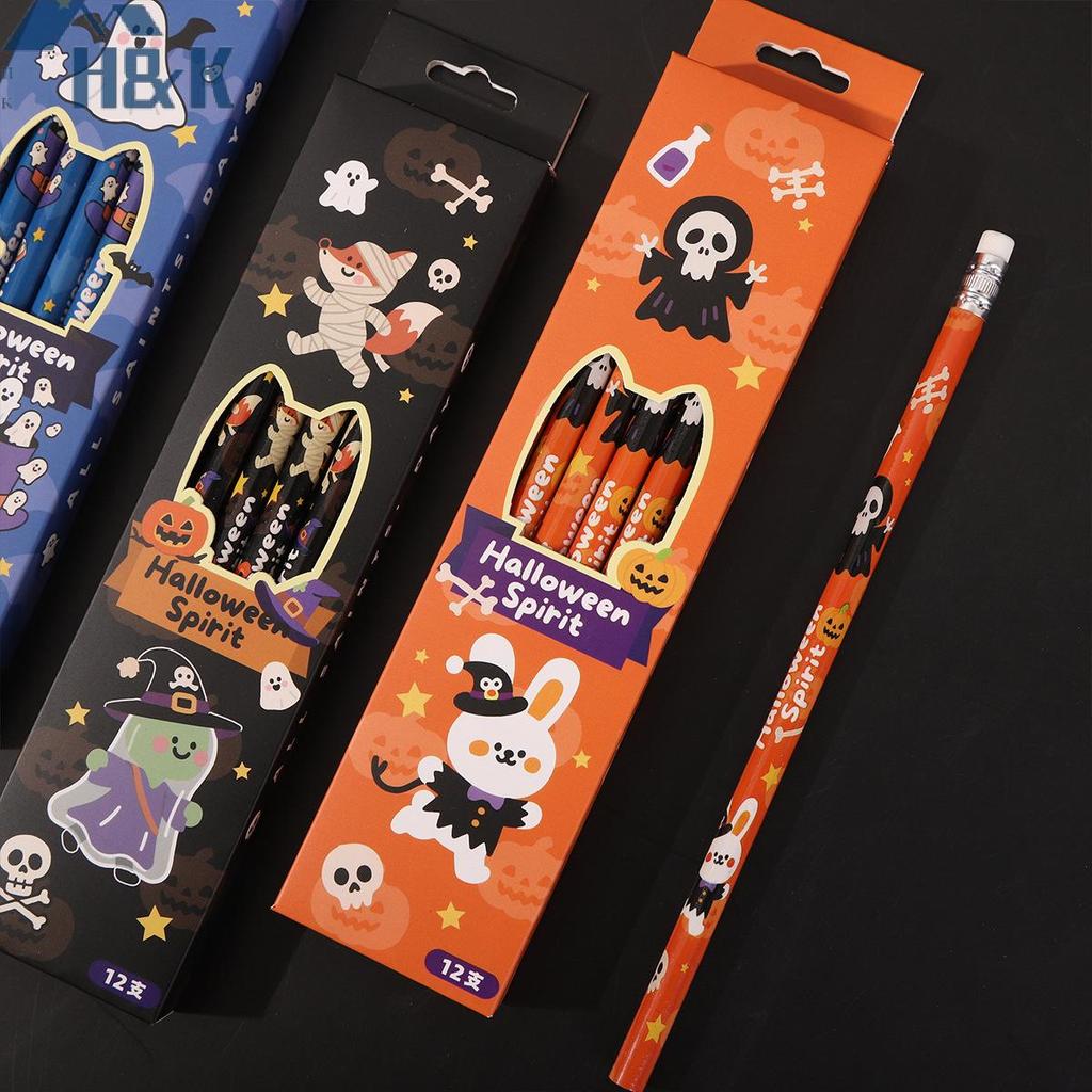 [H&K Oct] 12 ชิ้น/เซ็ตฮาโลวีนดินสอธีมสําหรับเด็กวันเกิดปาร์ตี้ฮาโลวีนของขวัญการ์ตูนฟักทองผีดินสอสําห