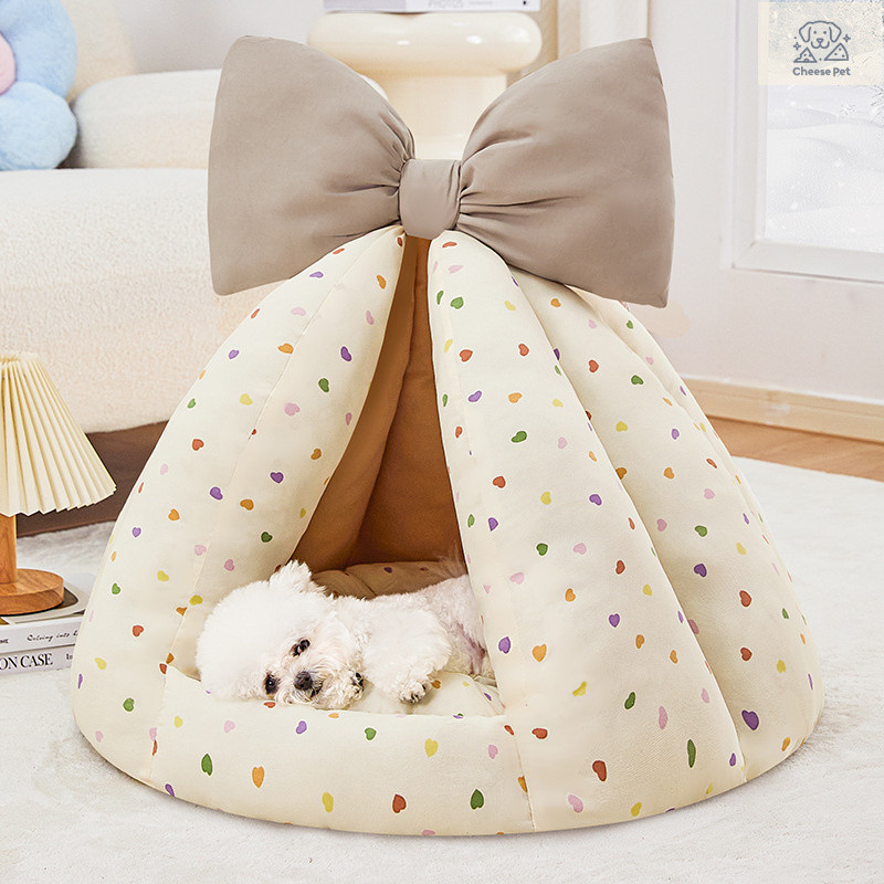 CheesePet บ้านสุนัขแบบเต็นท์รูปโบว์น่ารัก ใช้ได้ทุกฤดู แบบกึ่งปิด เป็นที่นอนสำหรับสัตว์เลี้ยง