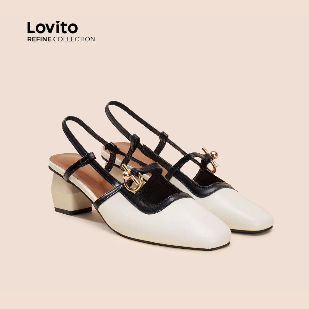 (Lovito Refine) รองเท้าส้นสูงวินเทจบล็อกสี ทรงย้อนยุค ใส่ได้ทุกฤดู สีขาวอมเหลือง LR13E446