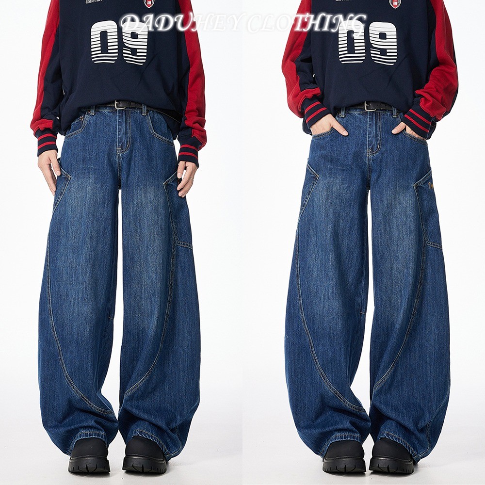 Women's Jeans Loose Jeans Large Pocket Machete Type Design Jeans Women's Easy to Match Modified Leg 