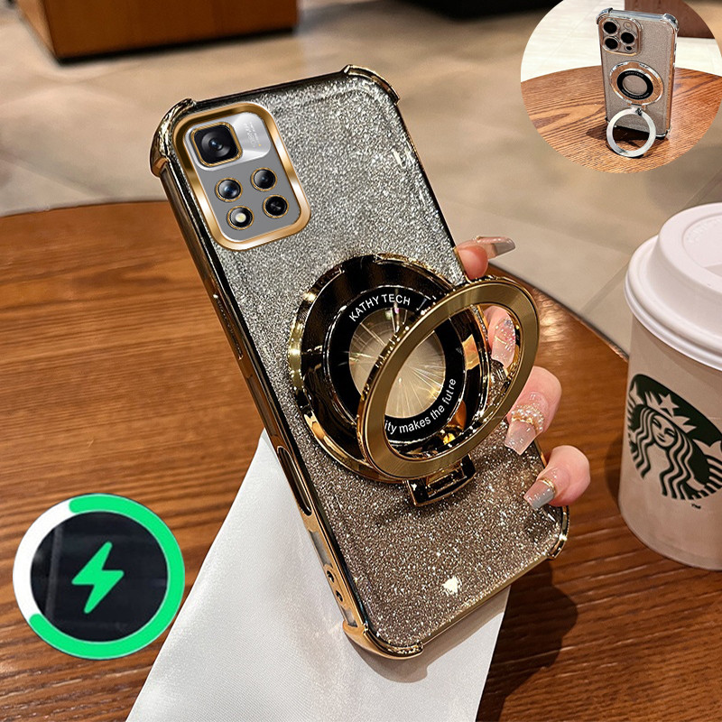 เหมาะสําหรับ Redmi 10 4G 10 Prime เคสโทรศัพท์สี่มุม anti drop CD วงเล็บแม่เหล็กแฟลชแป้งโปร่งใส soft 