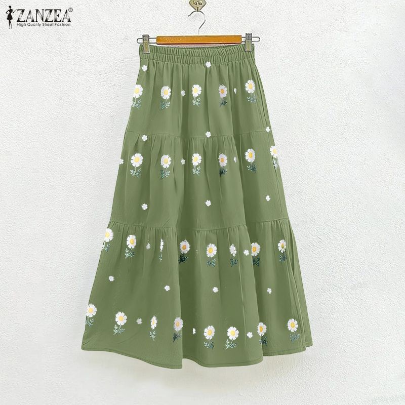 ZANZEA กระโปรงลายดอกไม้ สไตล์เรโทร พิมพ์ pleats สำหรับผู้หญิง ขนาดเอวยางยืด — صورة 5