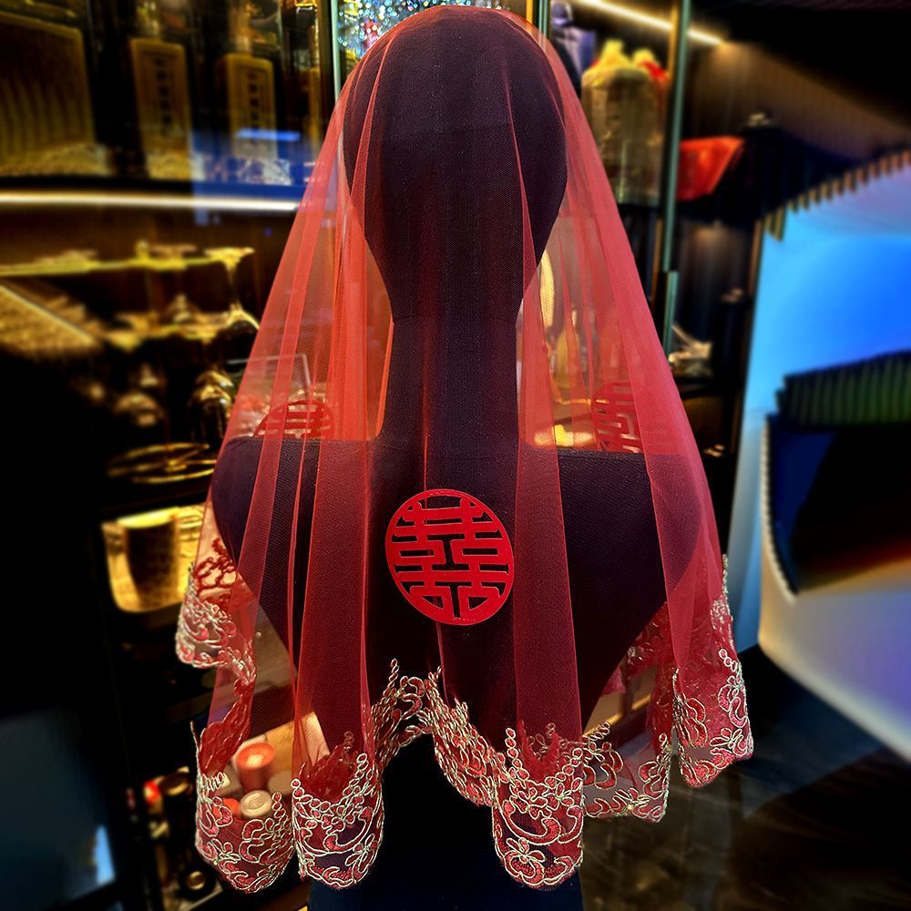 中式新娘结婚主婚纱头纱复古中国红盖头头纱秀禾服头巾婚礼头饰Chinese style bride wedding main wedding veil retro China20251024