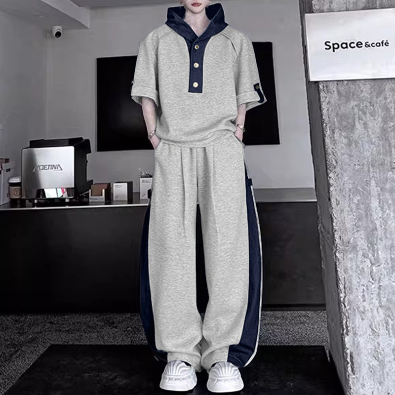 ชุดเสื้อฮู้ดครึ่งแขนสีตัดกันและกางเกงสำหรับผู้ชาย ราคา ถูกที่สุด ดีลบีเคเค แกลเลอรีภาพที่ 4