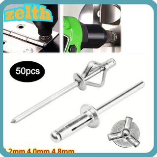 ZELTH 50 ชิ้นพับตาบอด Rivet, Tri-fold Silver อลูมิเนียมอัลลอยด์ Rivet, ทนทาน 3.2 มม. 4.0 มม.4.8 มม.รอบหัวท่อไอเสีย Rivets