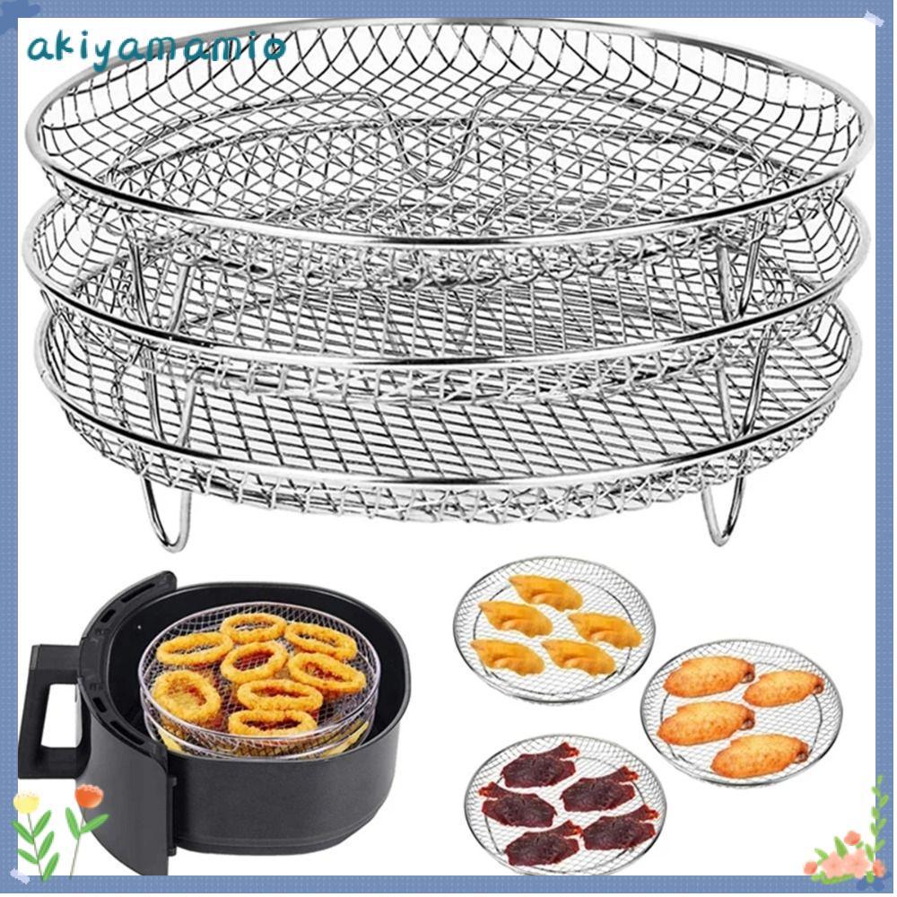AKIYAMAMIO ตะแกรงย่าง, ตะแกรงทอดอากาศสแตนเลสวางซ้อนกันได้, ถาด Airfryer ไม่ติด อุปกรณ์ครัว