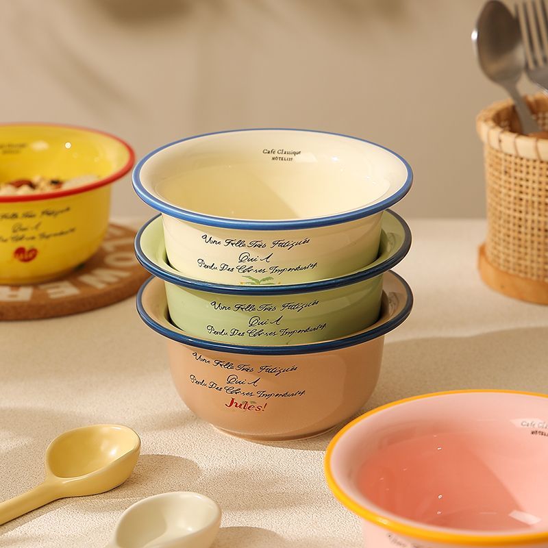 สไตล์เกาหลี โดปามีน โยเกิร์ตชามข้าวโอ๊ตชามหมวกฟางเซรามิกชามสลัดจานผลไม้ชาม20ซม.ชามอาหารเช้าชามขนม 95