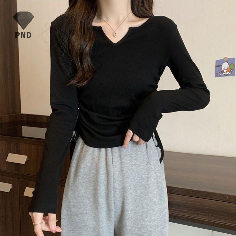 PND ผู้หญิง Drawstring เสื้อยืดแขนยาวลายทึบ คอล์น V สำหรับสวมใส่ง่ายในฤดูร้อน