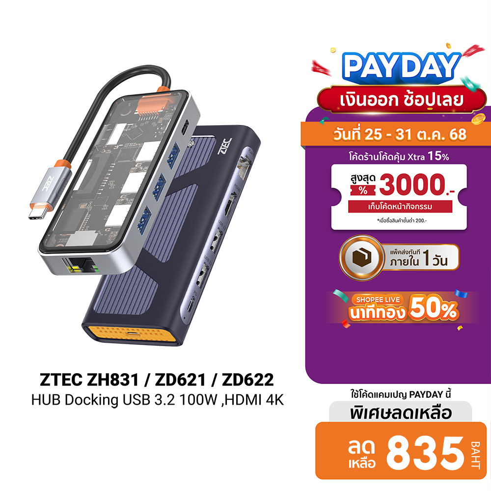 [ลดเหลือ 835] ZTEC ZH831 / ZD621/ ZD622 HUB USB-C 100W ,HDMI 4K,LAN 1Gbps,USB-A USB 3.2 Gen 1x1,SD C