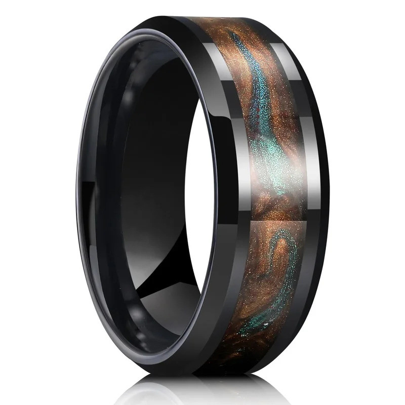 8MM Men Black Stainless Steel Rings Men High Polished Galaxy Flowing Sand Inlay Rings Wedding Engage