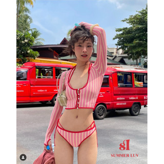 [SUMMER LUV]ชุดว่ายน้ำบิกินี่แขนยาวลายทางสีขาวและแดง