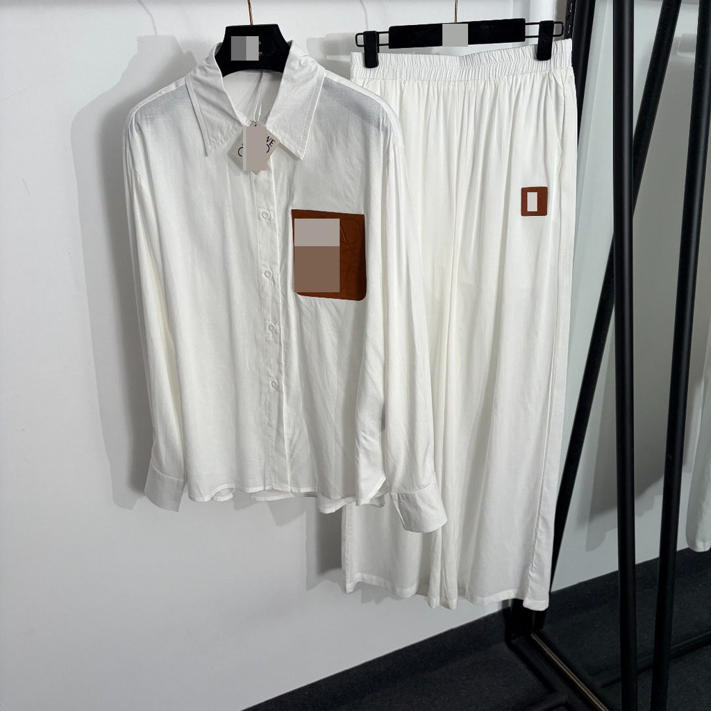 UTCC LO * Home Style Casual Suit Leather Label Single Pocket Long Sleeve Shirt + กางเกงขากว้างเอวยาง