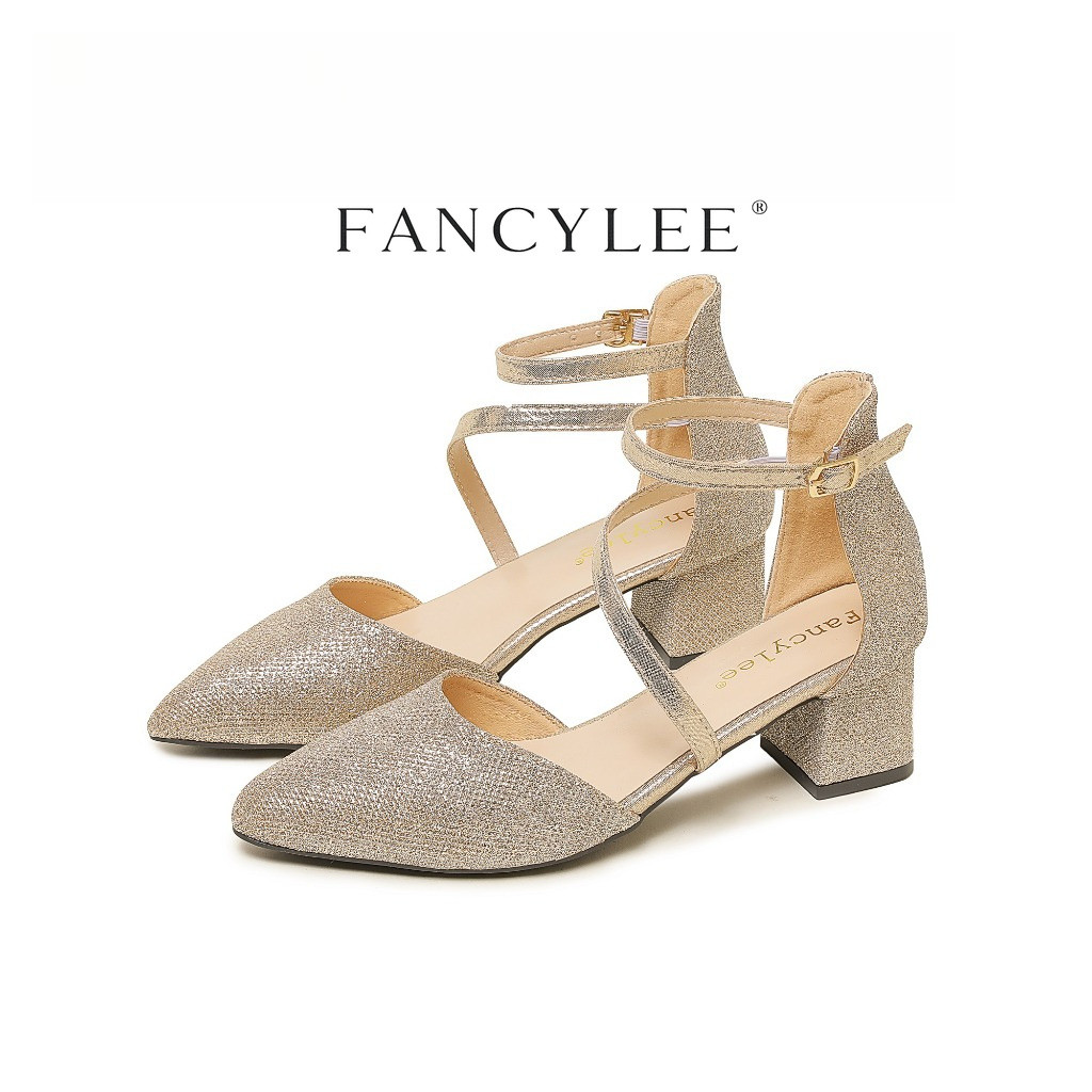 FANCYLEE มาใหม่ล่าสุดผู้หญิง Glitter สายรัดข้อเท้าบล็อกส้นรองเท้าแตะ Pointed Toe Backless Party Evening รองเท้าแต่งงานอย่างเป็นทางการ