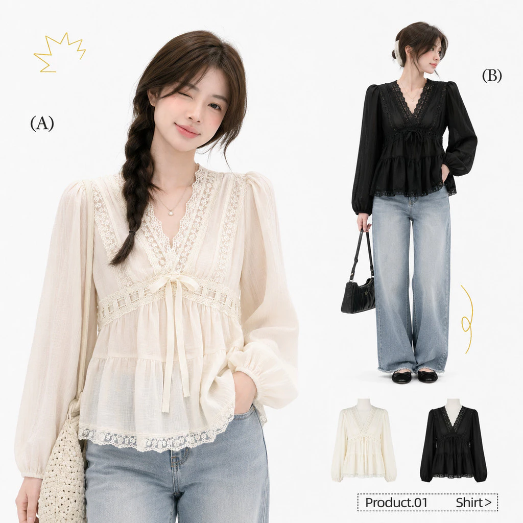Chili Koko ไซส์ใหญ่ เสื้อเบลาส์ผ้าลูกไม้เทนเซลสำหรับผู้หญิง สไตล์ฝรั่งเศส แขนยาว คอวี มีสายผูกเอว 99299