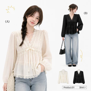 Chili Koko ไซส์ใหญ่ เสื้อเบลาส์ผ้าลูกไม้เทนเซลสำหรับผู้หญิง สไตล์ฝรั่งเศส แขนยาว คอวี มีสายผูกเอว 99299