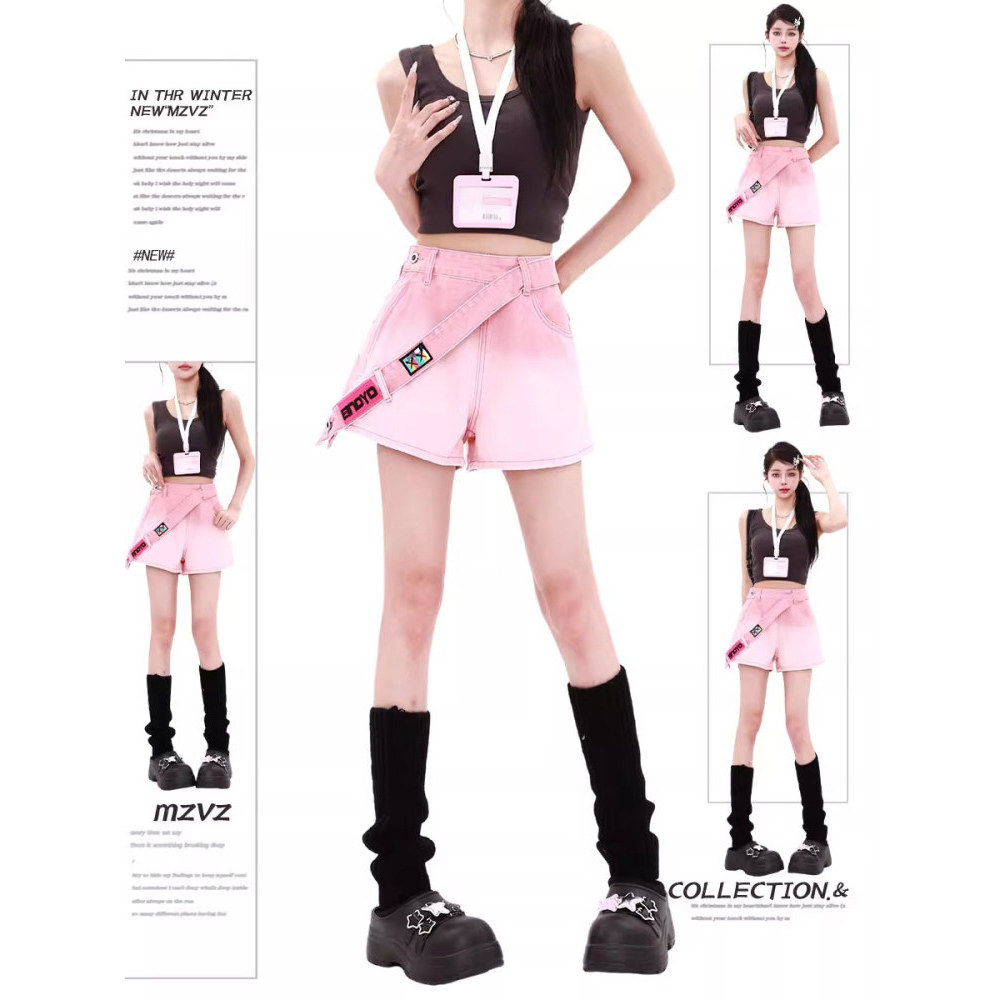 กางเกงยีนส์ขายาว jinn jeans MZVZ Dopamine Pink Gradient Denim Shorts ผู้หญิงฤดูร้อนบางเอวสูง a-Line 