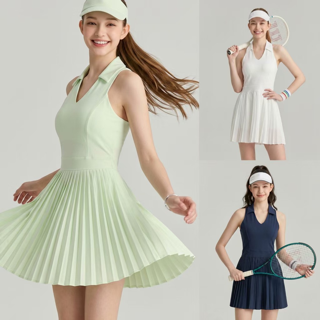 [COD 3 สี] Miss Lily ใหม่โปโลชุดกีฬาคอวี Racer Back Tennis Pleated Dress Anti-exposure Pickleball ชุดแบดมินตันพร้อมแผ่นรองหน้าอกสําหรับผู้หญิง