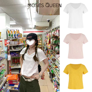 MOSESQUEEN เสื้อยืดระบายอากาศคอวีรีดขอบขี้เกียจและสะดวกสบายสําหรับผู้หญิง - เสื้อเชิ้ตแขนสั้นสีบริสุทธิ์กระชับสัดส่วน #63901