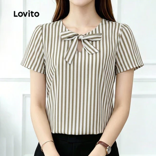 Lovito เสื้อเบลาส์ลําลอง ผูกโบว์ แบบเว้าช่วงอก สําหรับผู้หญิง LK6ED071
