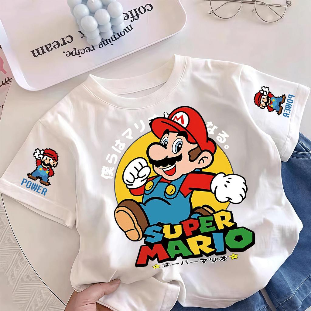 Pebbi Baby เสื้อยืดเด็กผู้ชายแขนสั้นฤดูร้อน2026 ลาย Super Mario ซูเปอร์มาริโอ้ การ์ตูนเกม ผ้าฝ้าย100% นุ่มระบายอากาศ สไต