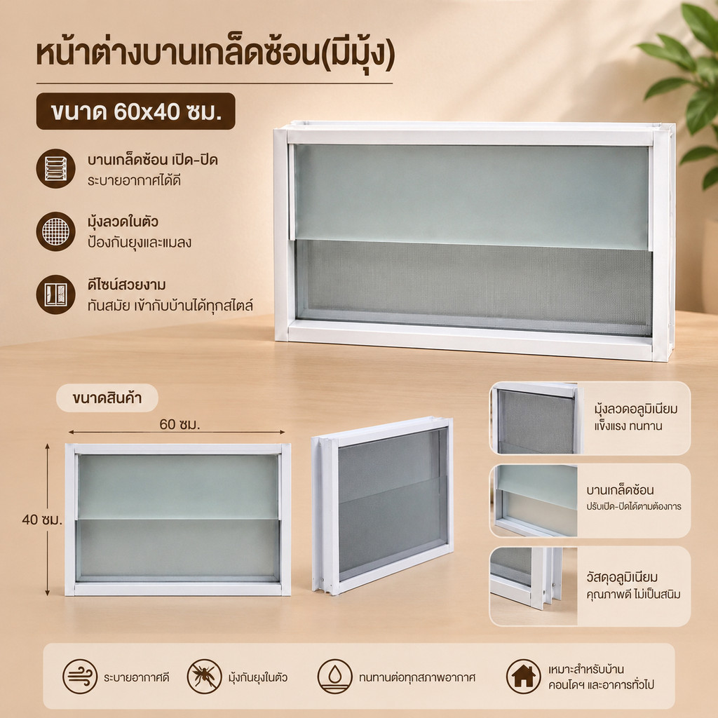 หน้าต่างบานเกล็ดซ้อน ขนาด 60x40 ซม. หน้าต่างระบายอากาศสำเร็จรูป (มีมุ้ง) พร้อมส่ง