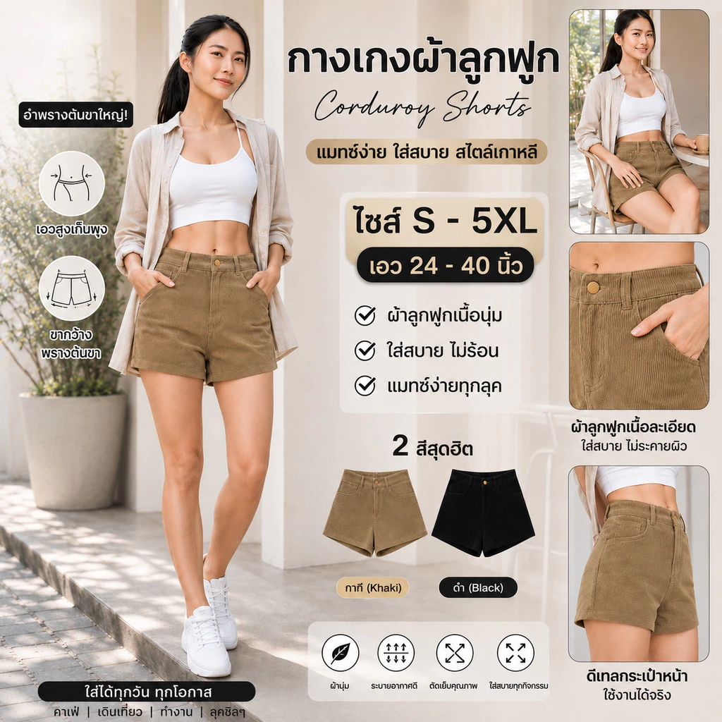 กางเกงขาสั้นเอวสูง ผ้าร่องลูกฟูก มีไซส์ S-5XL ทรงขากว้างพรางหุ่นละมุนใจ แมทช์ง่ายเก๋ชิคสไตล์ออนนี่