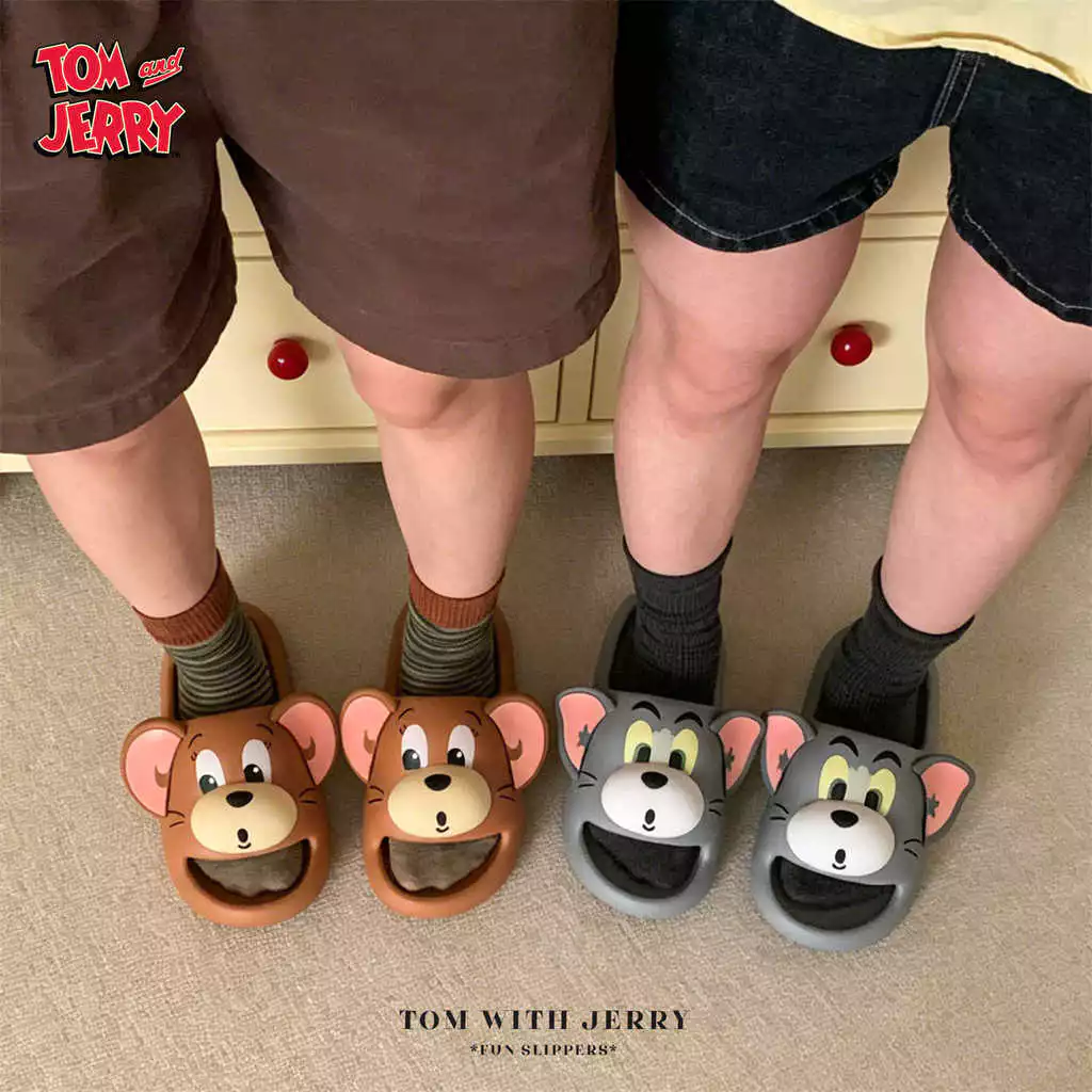 XIXITIAO รองเท้าแตะ สำหรับผู้ชายและผู้หญิง ตอนฤดูร้อน ลายการ์ตูน Tom & Jerry รองรับโค้งเท้า