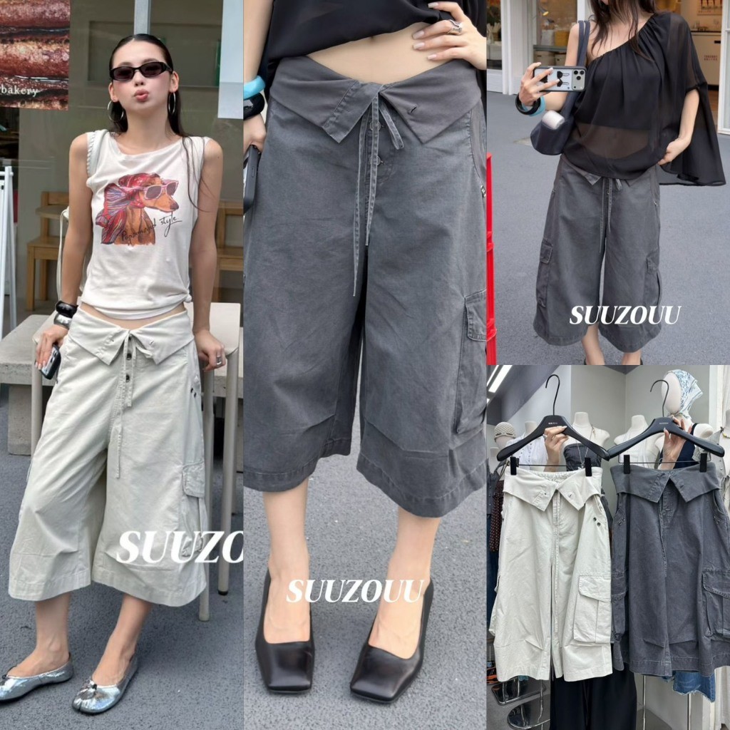❤ 🧵 🇰🇷 SU388 กางเกงคาร์โก้ เอวพับ Cargo Skirt เอวพับ มีกระเป๋าข้าง สไตล์เกาหลี Y2K ผ้ายีนส์ แฟชั่นเกาหลี TAG MM Fish 🧡