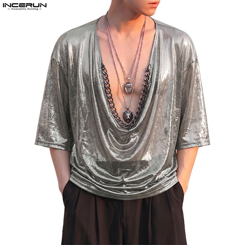 INCERUN ผู้ชายเกาหลีหรูหรา Clubwear Party Swing Collar การออกแบบโซ่โลหะกลางแขนเงาเสื้อยืดผ้า