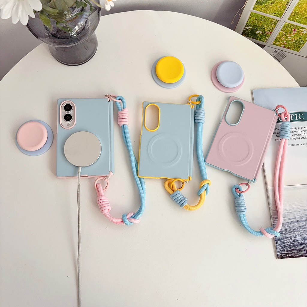 New style Dopamine Colors เชือกมือ Magnetic holder เคส สำหรับ Samsung Galaxy Fold8 Wide Case ชุดสามชิ้นที่ถอดออกได้รวมทุกอย่าง แกนกลางแม่เหล็ก ป้องกันการตก พลิกปก เคส
