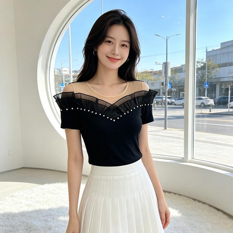 French Off-the-Shoulder Top ผู้หญิงฤดูร้อนสุทธิ Gauze Ruffled Nailed เพชร Embellishment Slimmer ดู C