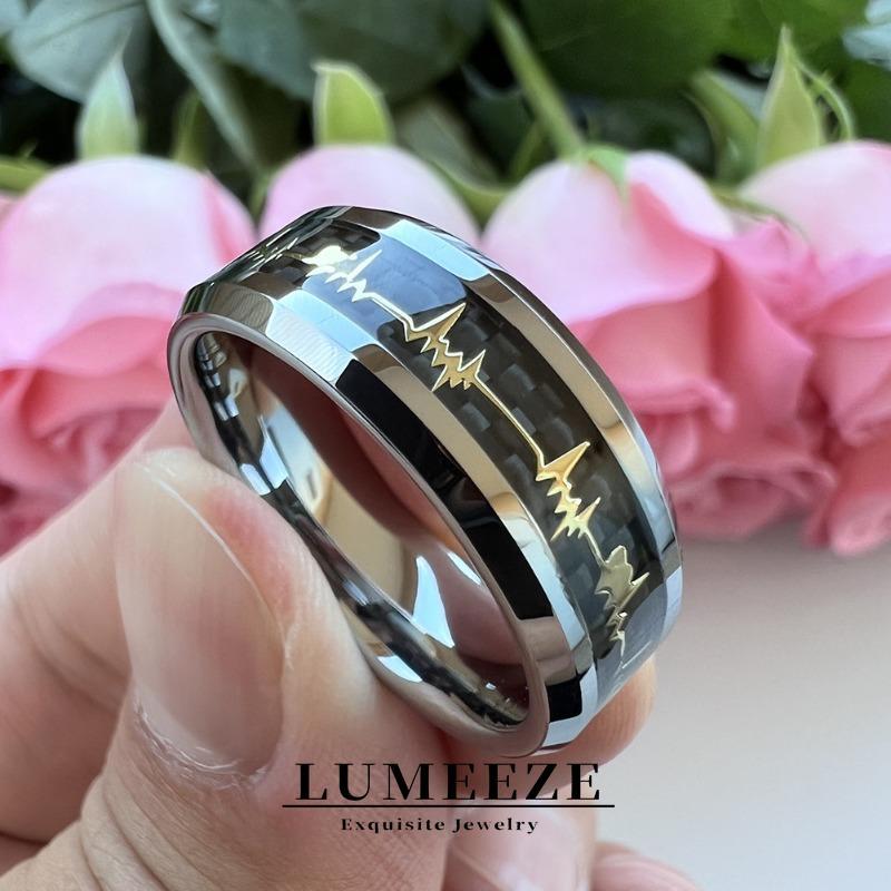 LUMEZE 8 มม.สแตนเลสคาร์บอนไฟเบอร์ Heartbeat แหวน, ECG Line Pulse Band, Non Tarnish Hypoallergenic ทุกวันเครื่องประดับ A94 #