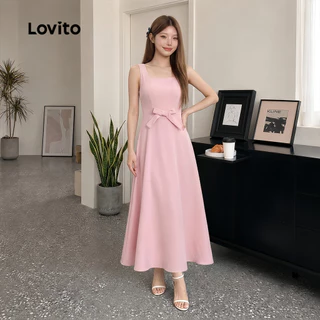 Lovito สง่างาม เดรส โบว์หน้า สีชมพู สําหรับผู้หญิง ฤดูใบไม้ผลิ/ฤดูร้อน เกาหลี อินเทรนด์ L179AD044