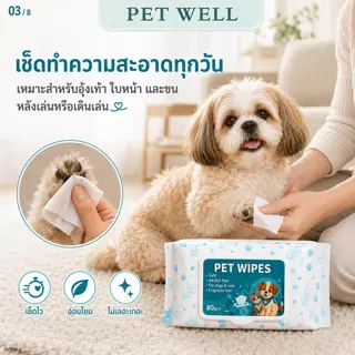 PETWELL ทิชชู่เปียกสัตว์เลี้ยง (1 แพ็ค/80 แผ่น) ผ้าเปียกแมว ผ้าเปียกหมา สูตรอ่อนโยนพิเศษ ปลอดภัย เส้นใยธรรมชาติ100%
